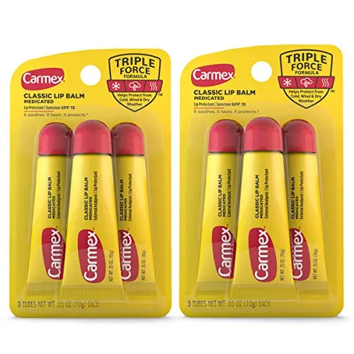 Carmex Medicated Lip Balm Tubes, Lip Moisturizer for Dry, Chapped Lips, 0.35 OZ - 3 Count (Pack of 2)