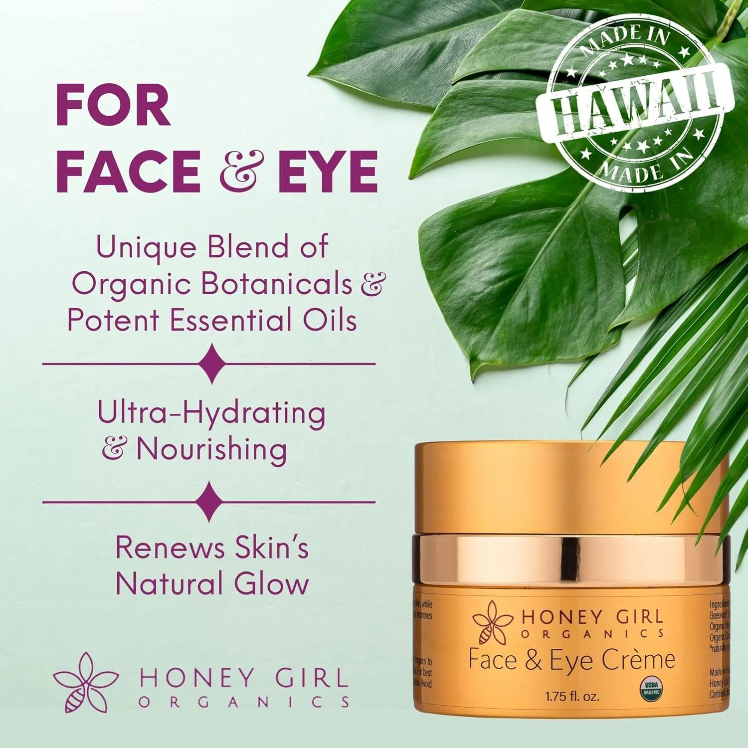 Face & Eye Crème, USDA Certified Organic Facial Moisturizer & under Eye Cream for Wrinkles, Dark Circles and Puffiness W/Hydrating Honey, Beeswax, Essential Oils & EVOO. 1.75Oz