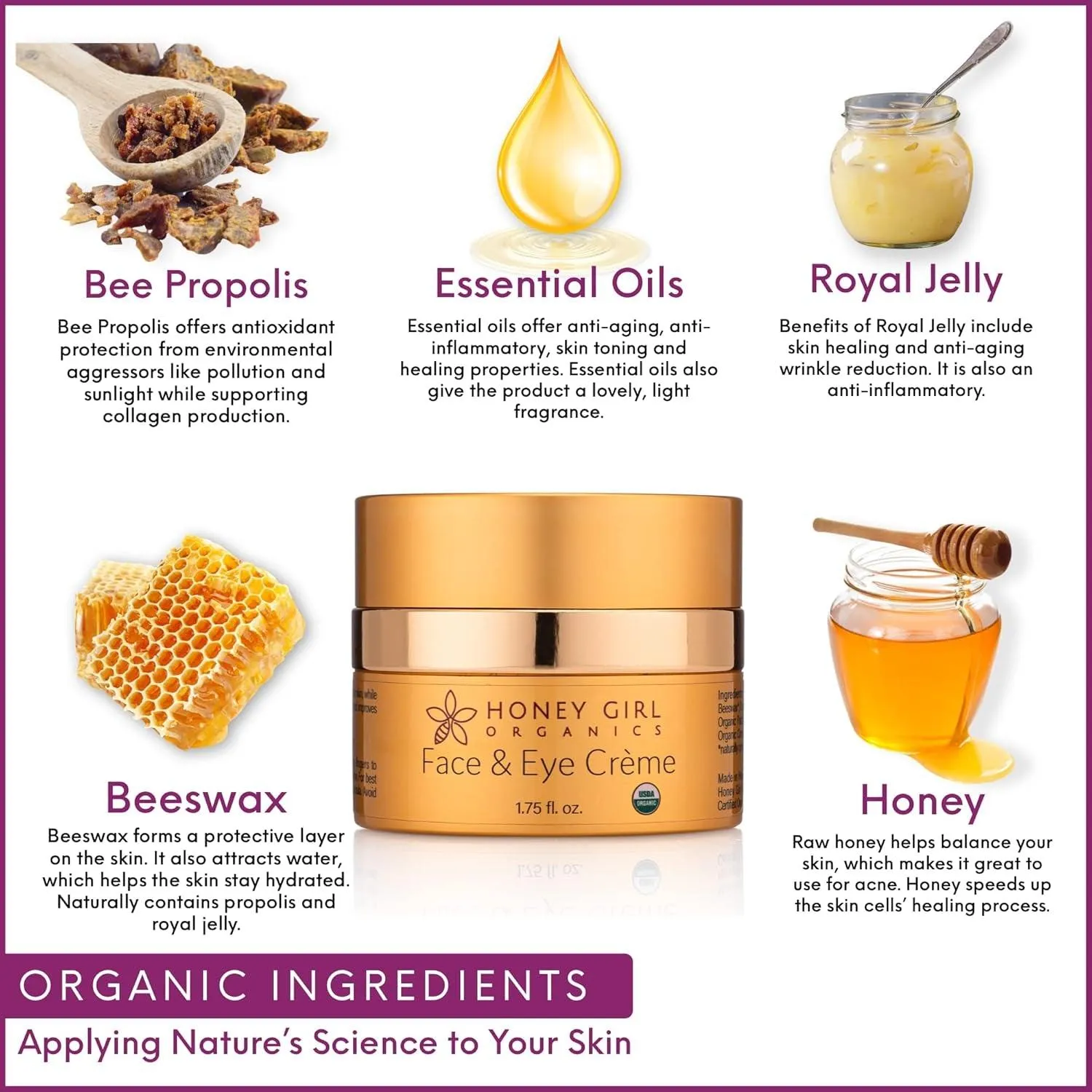 Face & Eye Crème, USDA Certified Organic Facial Moisturizer & under Eye Cream for Wrinkles, Dark Circles and Puffiness W/Hydrating Honey, Beeswax, Essential Oils & EVOO. 1.75Oz