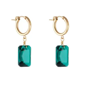 Gold Filled 16mm Emerald Cut Green Crystal Clip Hoop Earrings