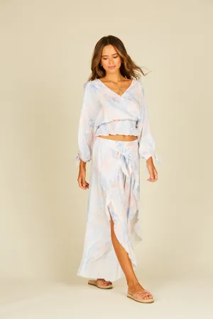Ocean Drive Tie Dye Cold Shoulder Faux Wrap Smocked Top