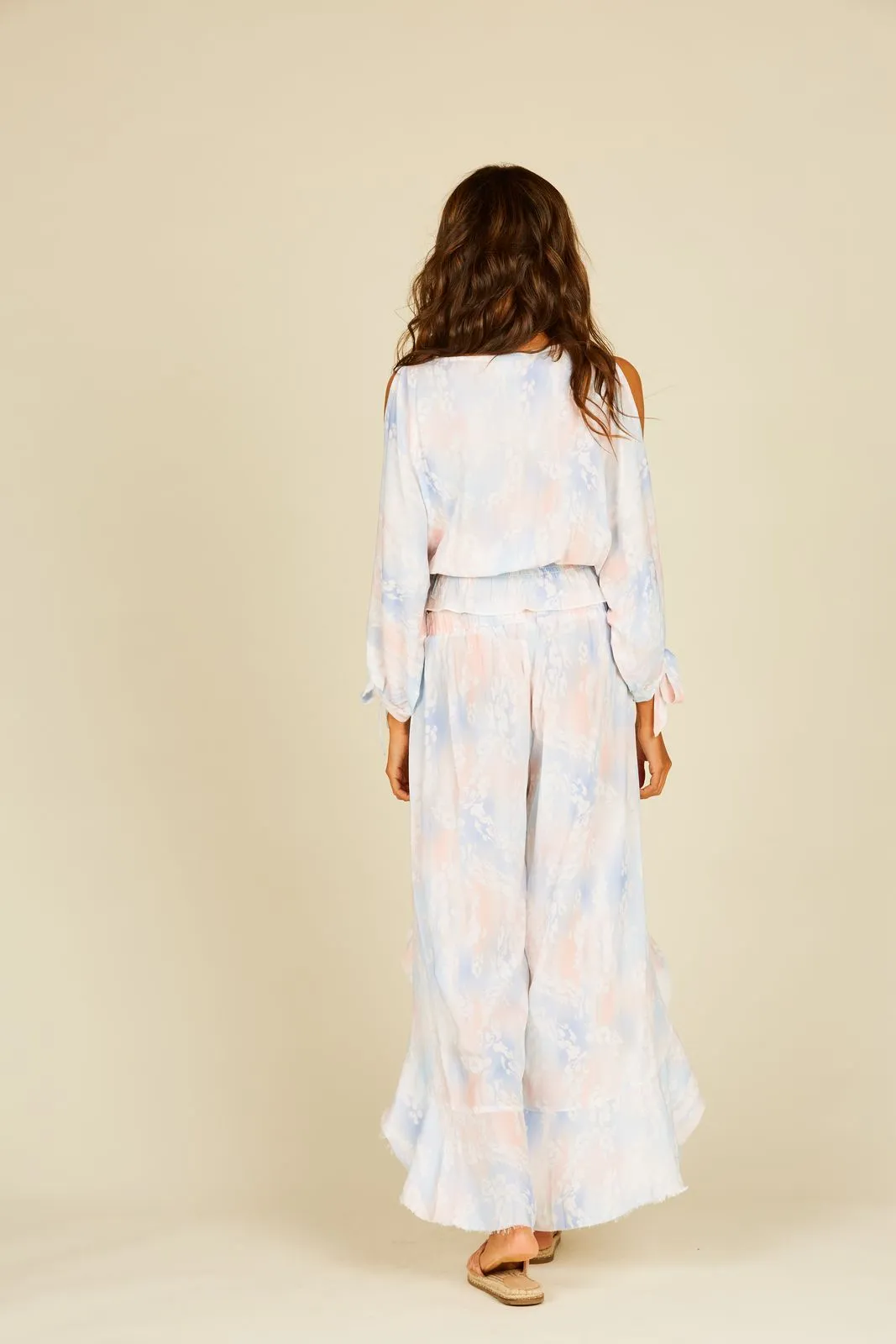 Ocean Drive Tie Dye Cold Shoulder Faux Wrap Smocked Top