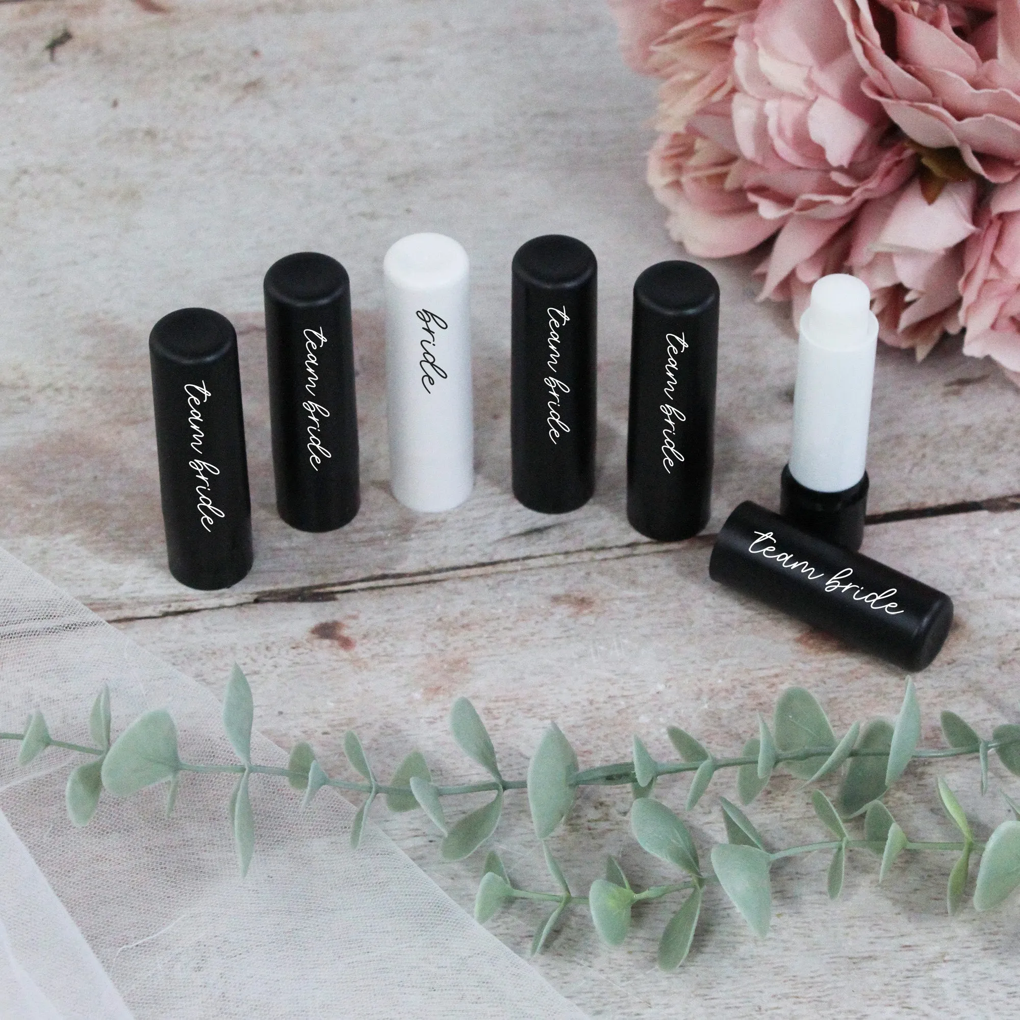 Personalised Black Team Bride & White Bride Lip Balms