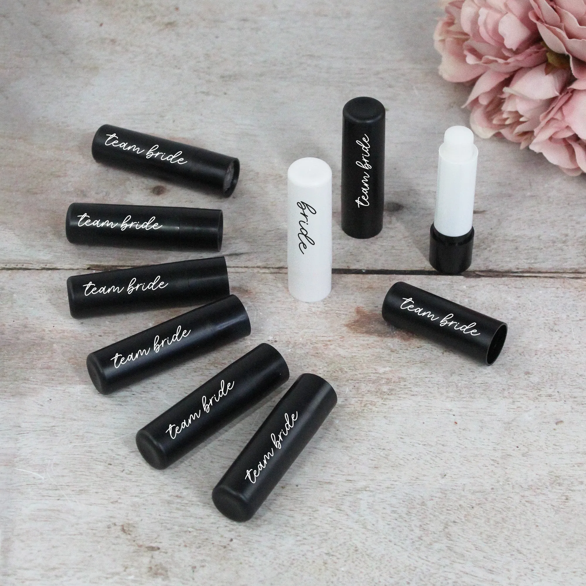 Personalised Black Team Bride & White Bride Lip Balms