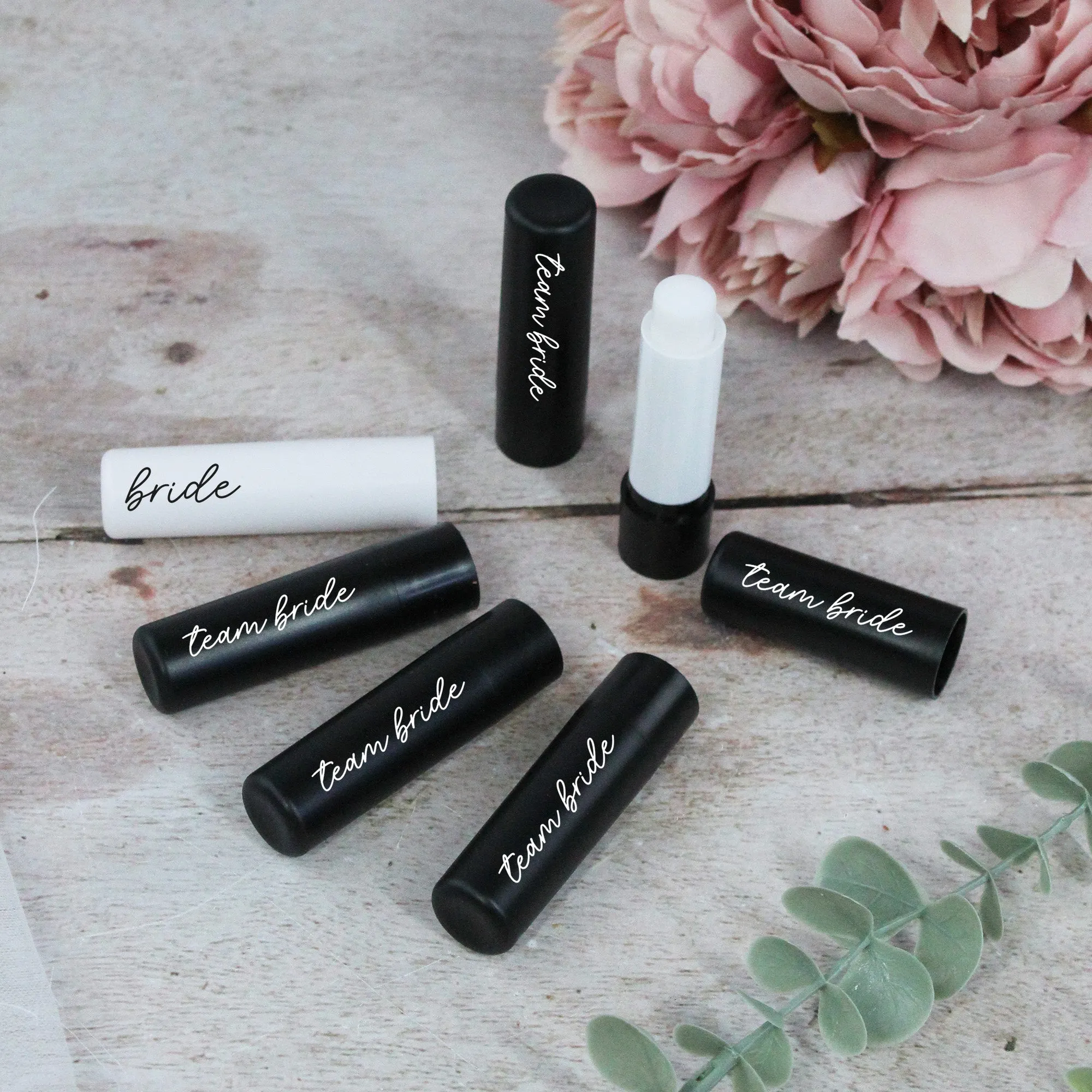 Personalised Black Team Bride & White Bride Lip Balms