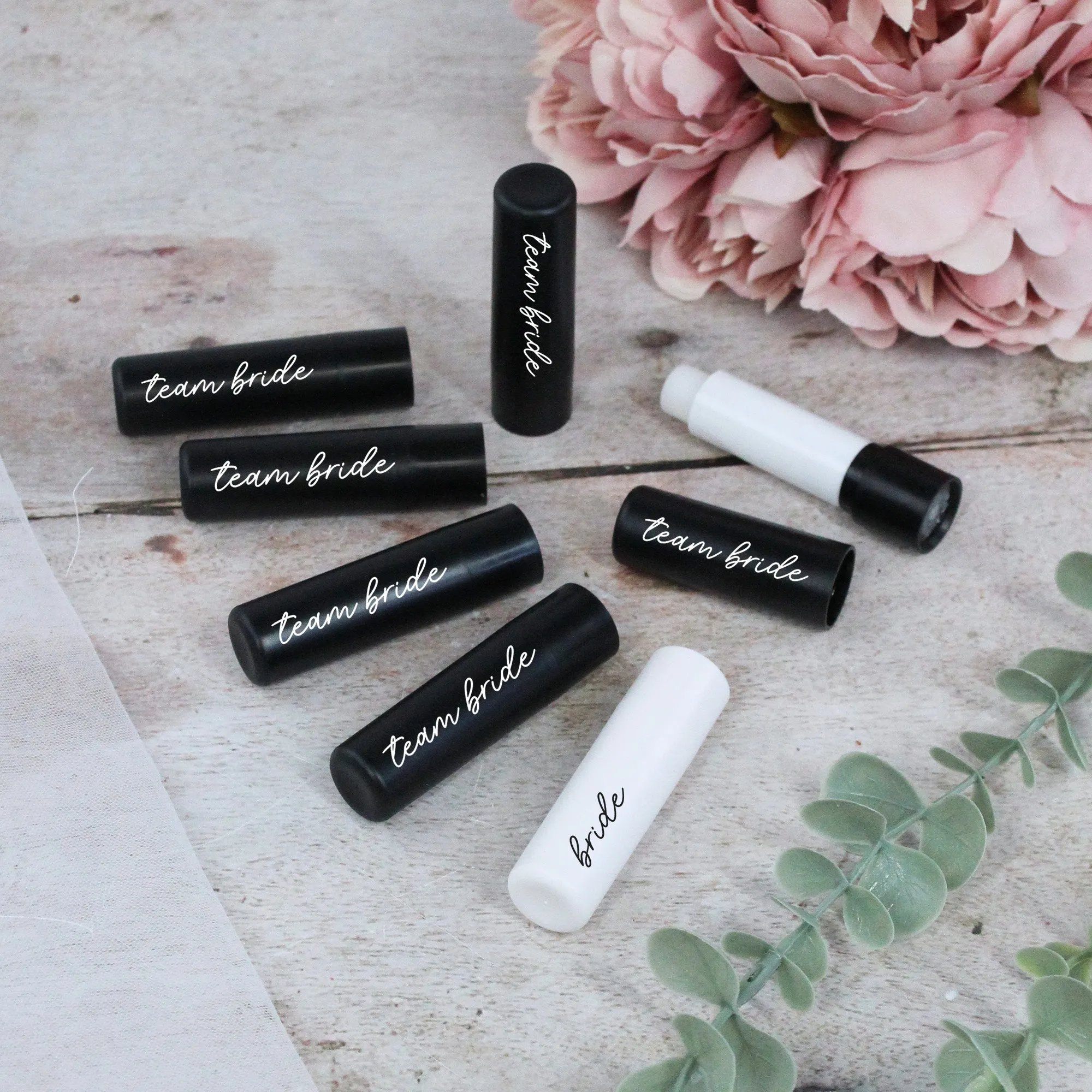Personalised Black Team Bride & White Bride Lip Balms
