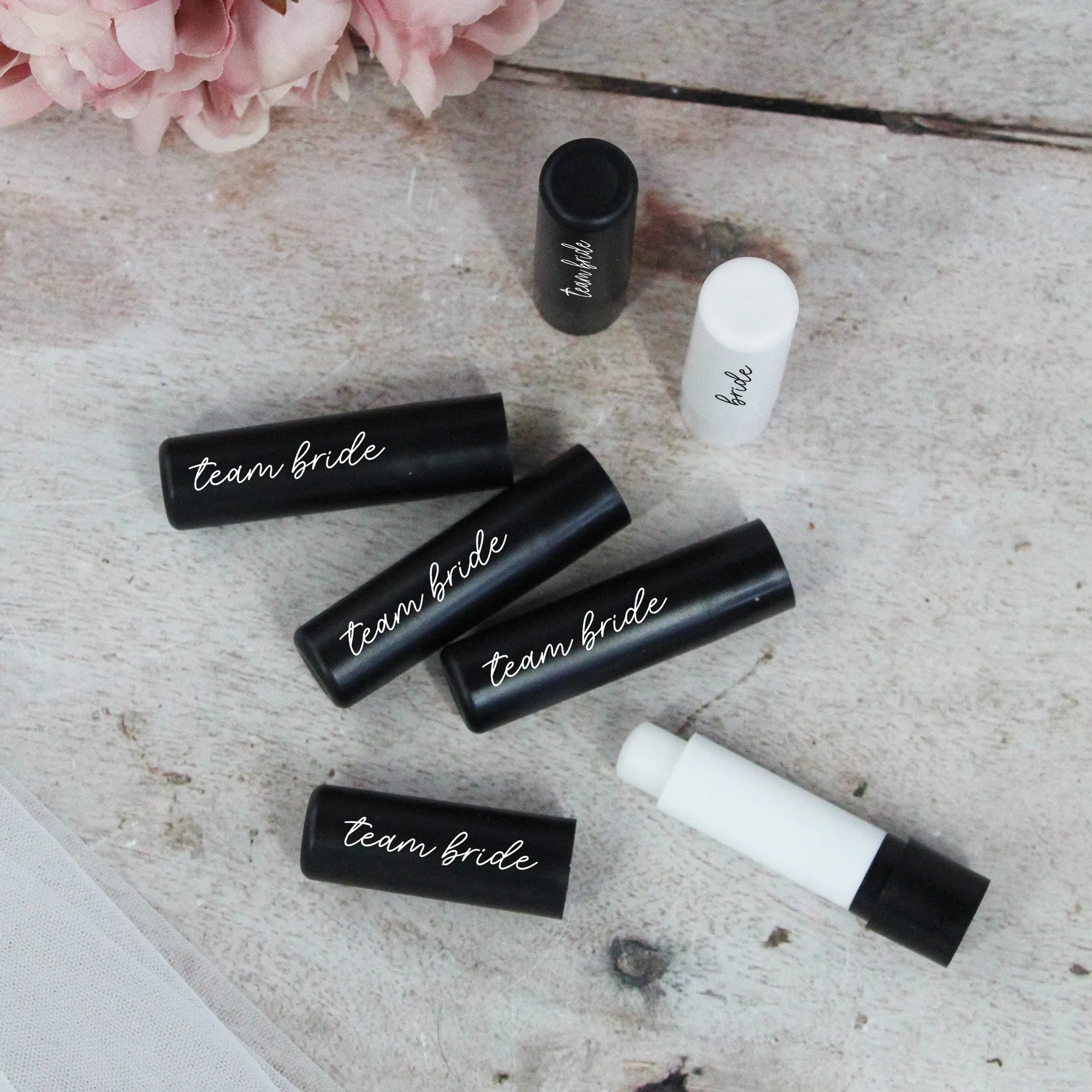 Personalised Black Team Bride & White Bride Lip Balms
