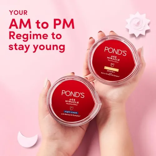 Pond's Age Miracle Youthful Glow Day Cream with SPF 15 PA  , Anti-Ageing Cream, With 10% Retinol-Collagen B3 Complex, Reduce Fine Lines & Combat Sagging Skin, 50g