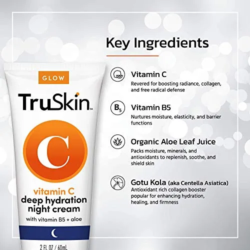 TruSkin Vitamin C Night Cream, Collagen Supporting Blend with Cocoa Butter, Vitamin B5, Botanical Essential Oils & Organic Aloe Vera for Anti Aging, Brightening and Firming Skin, Face & Neck, 2 Fl Oz